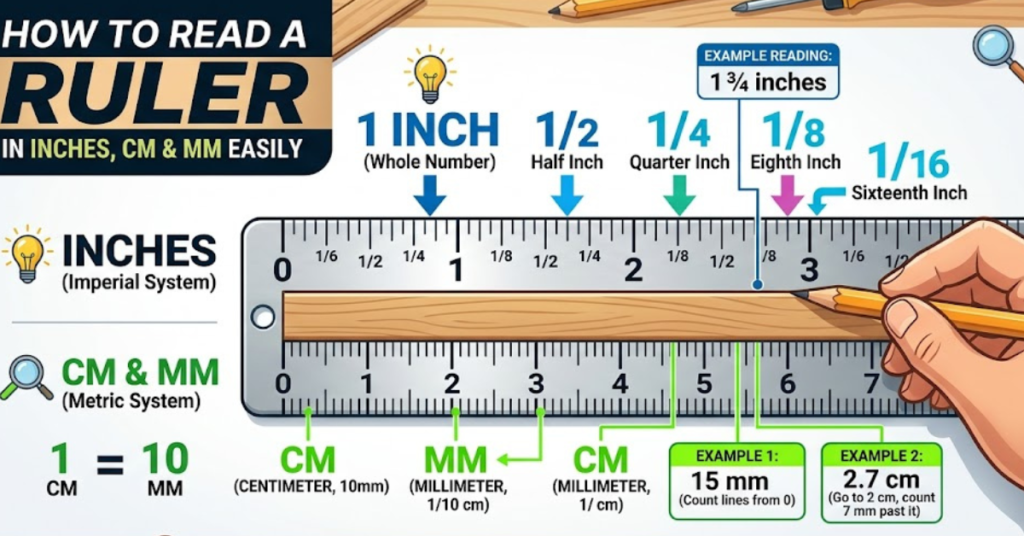 How to Read a Ruler in Inches, CM & MM Easily